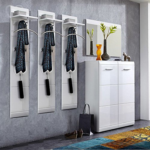 Lomadox Komplett Garderoben Set ● 5-teilige Flurgarderobe Flurmöbel in Hochglanz weiß ● Schuhschrank, Spiegel, 3 Wandpaneele ● Made in Germany