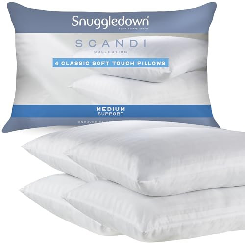 Snuggledown Classic Hollowfibre Pillows 4 Pack - Medium Support Back Sleeper Pillows For Back Pain Relief - Silky Soft, ComFortable, Hypoallergenic, UK Standard Size (48cm x 74cm)