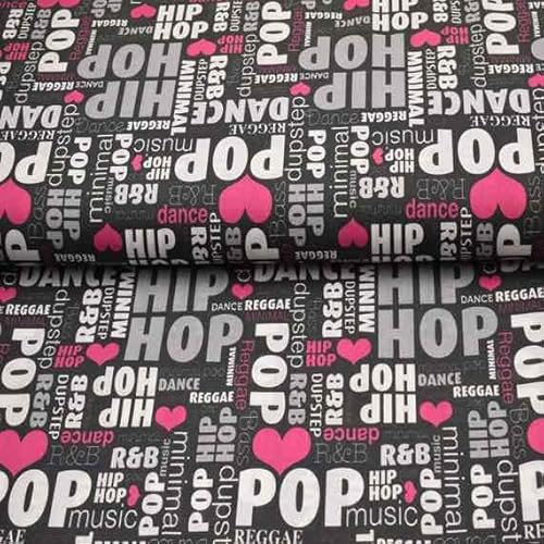 Baumwollstoff, Hip Hop mit Herz Pink/Schwarz Meterware, 50 cm