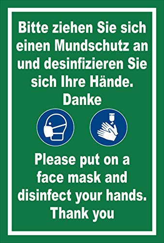 Melis-Folienwerkstatt Schild Mundschutz 2-sprachig 45x30cm - Bohrlöcher - 3mm Aluverbund – 20 VAR S00225-053-G