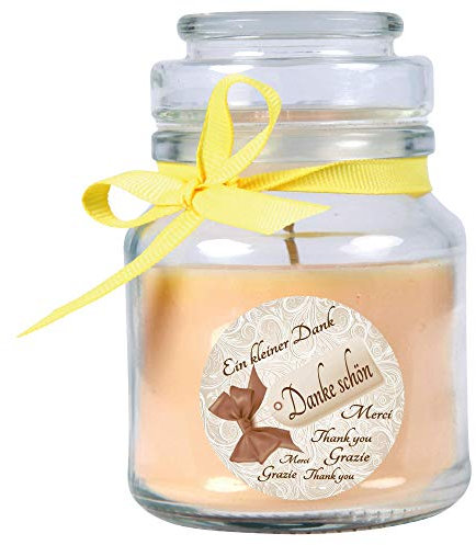 HS Candle Dankes-Duftkerze im Bonbonglas Danke, Duft: Vanille (Gelb), 120g - Brenndauer bis zu 30 Stunden, Kerze aus Glas mit Duft