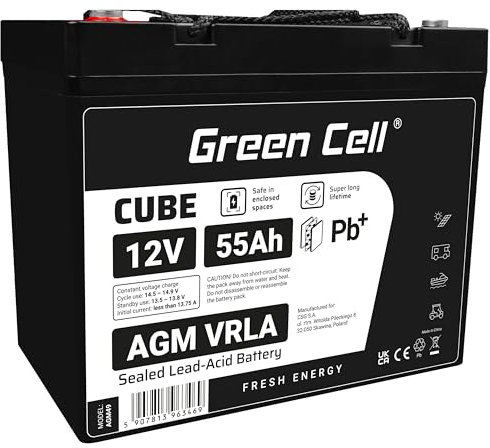 GreenCell® Batteria AGM 12V 55Ah al piombo accumulatore sigillata VRLA Senza manutezione ricaricabile Batterie di ricambio ermetica | Barca | Sedia a rotelle | Sistema Solare | Camper | Campeggio