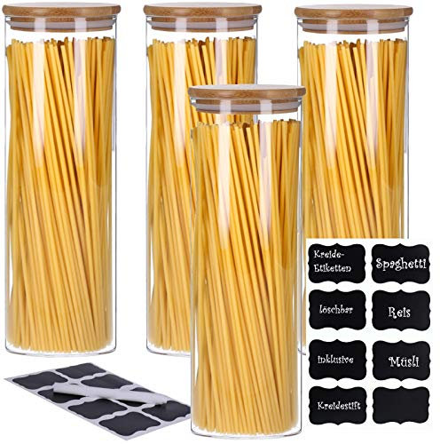 TALK-POINT 4er Set Vorratsdosen aus Glas mit Bambusdeckel Vorratsgläser Glasbehälter Spaghetti- Glas | inkl. 8 Kreideetiketten und Stift | luftdicht Spülmaschinenfest Mottensicher (4x 2200 ml)