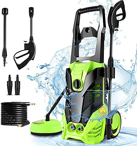 COOCHEER pulitore ad alta pressione 2000W, pressione 150 Bar, portata 450L/h, pistola elettrica professionale (grande spazzola per pavimenti, con ugello 3-in-1, cavo 5m, tubo flessibile 5m) Verde