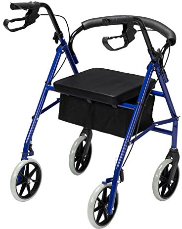 Bonnlo Rollator Walkers, All Terrain Walkers w/Extra Wide Padded Seat for Seniors Lightweight, Easy Folding Medical Walker with 8'' Wheels, Storage Pouch, Padded Backrest, Supports up to 300 lbs,Blue