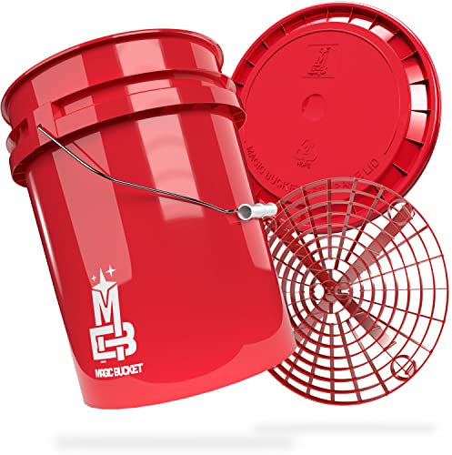 MAGIC BUCKET | Ensemble de Lavage à la Main pour Voiture | Seau avec Couvercle Assorti 5 US GALLONS (20 Litres) | Avec Grit Guard | Kit Rouge
