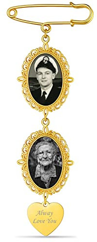 Custom4U Memorial Brosche Anhänger Brautstrauß mit Fotogravur Personalisierte Anstecknadeln Gold mit 2x Fotoanhänger mit Bild Edelstahl Oval Broschen Clip für Kleidung DIY Geschenke