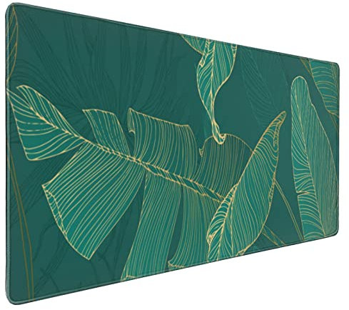 Tappetino per mouse con foglie tropicali da 85,4 x 15,7 cm, XXL, con stampa a foglia di banana, colore verde, oro, tappetino per tastiera con bordi cuciti per ufficio di gioco