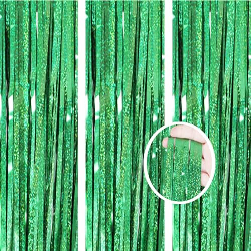 AILEXI 3er Pack Metallic Lametta Vorhänge Folie Fransen Schimmer Luftschlangen Vorhang Tür Fenster Dekoration für Geburtstag Hochzeitsfeier Lieferungen 3ft * 8ft - Lasergrün