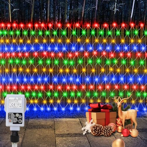 CCILAND 3x2m Christmas Net Lights Outdoor Mains Powered - 200 LED Mesh Light Plug in, 8 Modes 30V Low Voltage Garden Bush String Lights for Shrub Fence Backyard Patio Lawn Window (Multicolour)