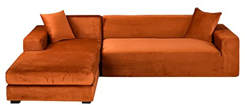 JHLD Samt Sofabezug L Form, 2 Stück Stretch Sofabezug L Form Anti-rutsch weiche Sofa Überwürfe Für Ecksofa -braun-4-Sitzer + 4-Sitzer