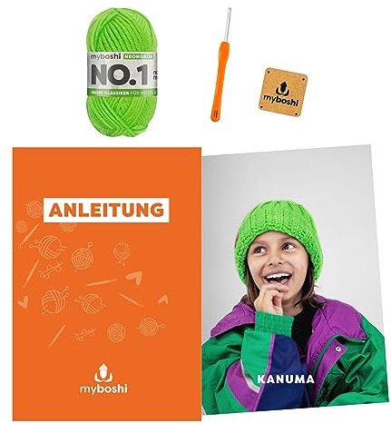 myboshi Häkelset Wintermütze Kanuma, inkl. No.1 Wolle, Nadel und Anleitung, Häkelpaket für Anfänger, 30% Merinowolle Neongrün, mit Häkelnadel