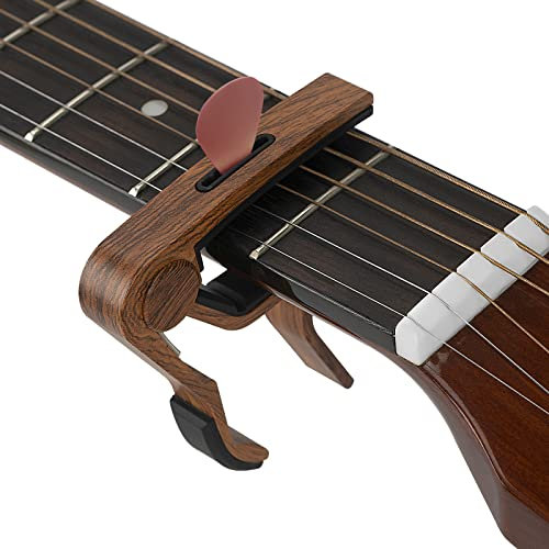 Musiin Holzmaserung Kapodaster mit Plektrenhalter für Akustikgitarre, Ukulele, Mandoline, Banjo