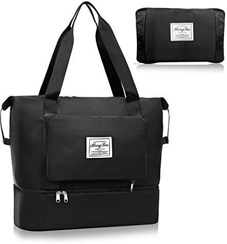 Faltbare Reisetasche, Wasserdichte Handgepäck Tasche, Sporttasche mit Nassfach, Weekender Gym Travel Bag Trainingstasche für Herren und Dame Schwarz