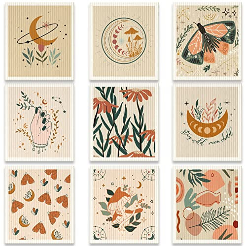 Cunhill 9 Pcs Swedish Kitchen Dishcloths Absorbent Swedish Dish Towels Blossoms Flower Soft Reusable Towels Cleaning Sponge Cloth Quick Drying Kitchen Dish Rags(Bohemian)