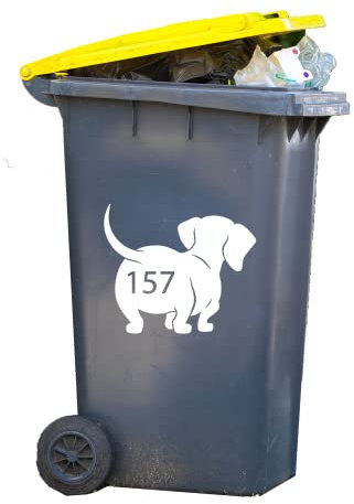 Personalised Wheelie Bin Sticker Dog dachshund Silhouette Funny Custom Number House Number Sticker Wheely Bin Dustbin