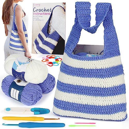 Coopay Häkelset für Häkel-Umhängetasche, Häkelset für Anfänger, inklusive Anleitung (evtl. nicht in deutscher Sprache) und Häkelzubehör-Werkzeuge, komplettes Häkel-Starter-Set, Häkeln lernen, blau und