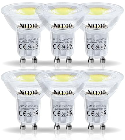 NICEOO GU10 LED Lampe 3.5W Kaltweiss 6000K Ersetzt 50W, 385lm Leuchtmittel, PAR16 Flimmerfrei Reflektorlampen Abstrahlwinkel 38° und 360° Birnen, Nicht Dimmbar Glühbirnen, AC 230V, 6er Pack
