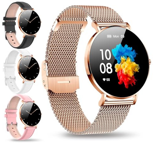 MAPEKS® Reloj Inteligente Mujer Ultra Fino smartwatch 3 Correas Cuero Extra y 1 Protector Pantalla Pulsera Actividad Larga Duración de Batería Compatible Android iOS