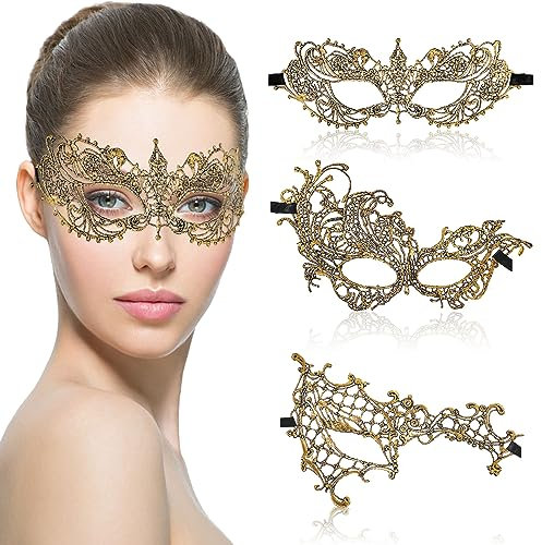 Amaxiu Maskerade Spitzenmasken für Damen, 3 Stück Venezianische Maske Spitze Kostüm Weiche Gold Partymaske für Halloween Karneval Abendkleid Tanz Ball Party(A)
