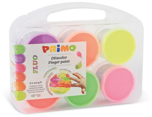 PRIMO - Valigetta Colori per Bambini +2 Anni Prima Infanzia, Tempere per Dipingere a Dita 100g 6 Colori Fluo per Carta Vetro, Tempera Pittura Cartoleria e Lavoretti Creativi Dermatologicamente Testata