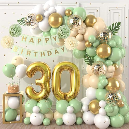 30th Birthday Decorations Sage Green,30th Birthday Balloon Garland Party Decoration with Number 30 foil balloons,Happy Birthday Banner for Men Women 30 Birthdays Party Decorations