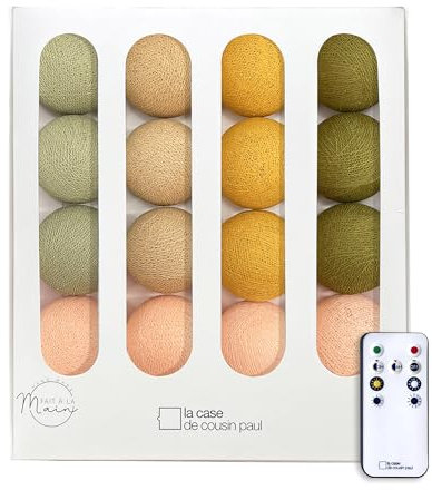 La Case de Cousin Paul Guirlande Lumineuse Chambre Enfant Boules Tissées LED, Télécommande, Programmable, USB, Fabriquée à la Main, Artisanale - 16 Boules (Vénus)
