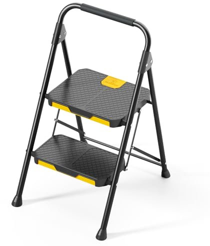 KINGRACK trittleiter 2 Stufen klappbar, klapptritt 2 Stufen faltbar, tritthocker mit rutschfestem, breitem Pedal und Handläufen, leichte klappleiter für Küche, Vorratskammer, Schränke, Büro (Schwarz)