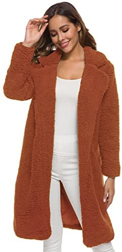 OMZIN Damen Mantel Für Outwear Einfarbig Offene Frauen Mode Lang Teddy-Fleece Coat Elegant Warm Fellmantel Parka Karamell S