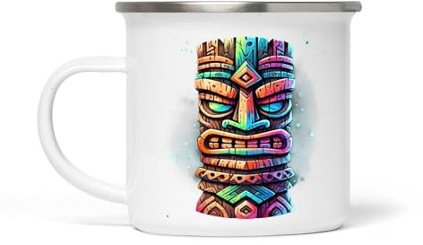 Vintage Tiki Weiße Emaille Tasse - 354 ml, langlebig und elegant, Ideal für Kaffee, Tee und heiße Getränke