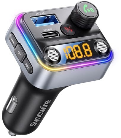 Syncwire Bluetooth 5.4 FM-Transmitter-Autoadapter 42W Ladegerät KFZ-Adapter [Lichtschalter] [Doppelmikrofon] [HiFi-Bass] [Schnellladung] Kabelloser FM-Radio-Musikadapter Freisprechfunktion, Silber