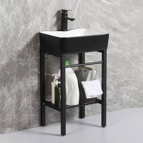 Lavandino Cucina, Set Lavello in Ceramica Freestanding, Lavello a Consolle, Lavello Multiuso Nero, Staffa in Acciaio Inossidabile, for Bagno, Lavanderia, Garage, Cantina, 48 * 37 * 81 cm