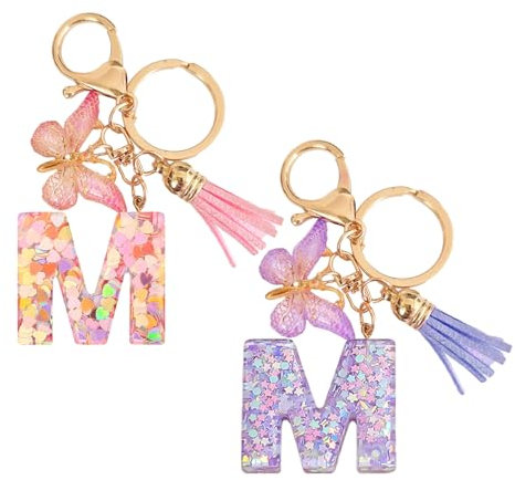 HDGSAFD Lot de 2 Porte-Clés en Forme de Lettre et Papillon à la Mode pour Filles, Voiture, Accessoires de Pendentif à Glands, Cadeaux pour Femmes, Multicolore