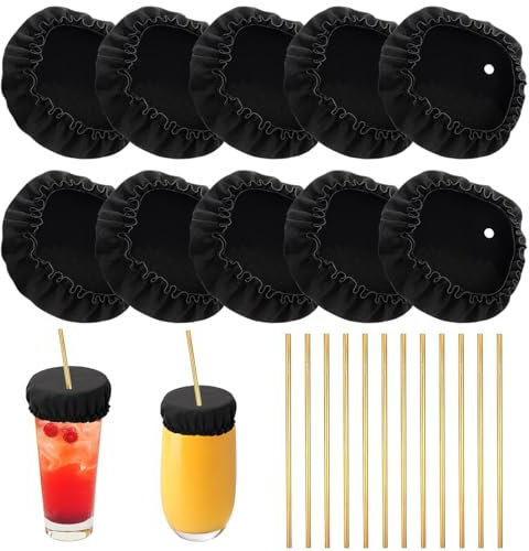 22 Pcs Anti Spike Drink Covers Set, VEGCOO 10 Pcs Reusable Anti Spike Drink Covers Drink Cover Scrunchies with 12 Pcs Gold Bachelorette Straws for Girls Women Bar Club Party Drink Alcohol Protection