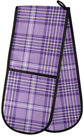 Double Oven Gloves Lavender Tartan Plaid Checkered Heat Resistant Pot Holder Oven Mitt Gloves for BBQ Cooking Baking Grilling Microwave