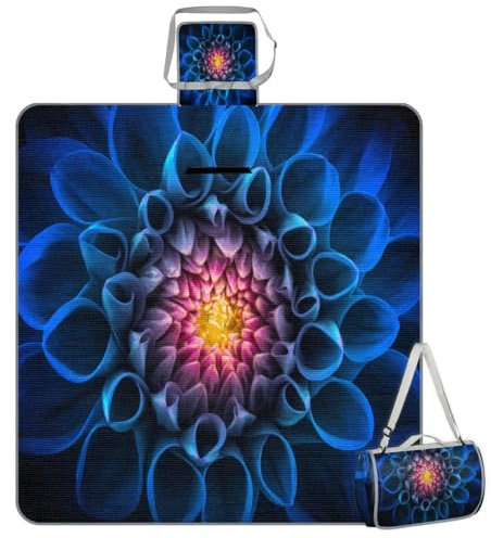 Manta de picnic de 150 x 145 cm, diseño de flores de dalia, color azul, plegable, para exteriores, playa, playa, camping, senderismo, picnic