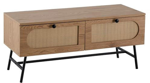 FineBuy Lowboard 100x45x40 cm TV-Kommode mit Eiche-Dekor & Rattan, Design TV-Schrank Hoch mit Schubladen, Fernsehtisch Fernsehschrank, Fernsehkommode Wohnzimmer
