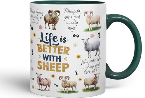 Vixar Life Better with Sheep Joke sarkasm Sarcastic Ceramic Coloured Mug Cup for Tea Coffee Hot Brew 330ml 11Oz Gift (D Green)