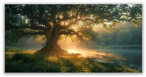 BOHUO Gold, grün Baum des Lebens Leinwand Bilder, Natürlicher Sonnenuntergang Poster Pictures Wandbilder Groß Bild für Wohnzimmer Schlafzimmer Wanddekoration-80x160cm Ungerahmt