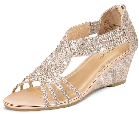PIZZ ANNU Womens Sandals Mid Wedge Heel Sparkly Glitter Shoes for Ladies Strappy Rhinestones Bridal Wedding Prom Party Rose Gold Size 5