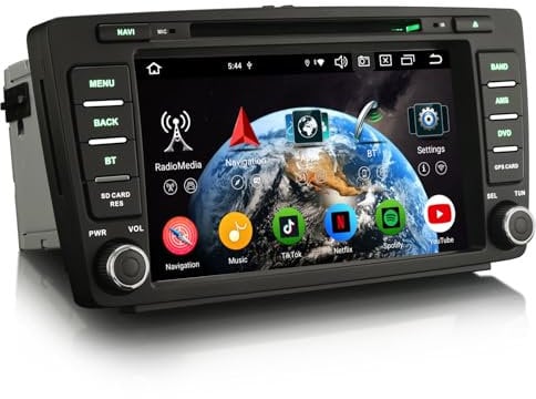 Erisin 8-Kern 4GB+64GB Android 14 Autoradio GPS Navi Für Skoda Octavia Superb Rapid Yeti Roomster 8 IPS Bildschirm Unterstützt CarPlay Android Auto Bluetooth DAB+ WiFi DSP USB OBD2 CD Player