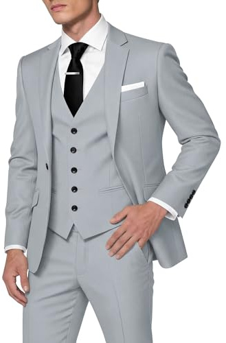 HUUTOE Men's 3 Piece Suits Slim Fit Prom Suits for Men Wedding Dress Suit Summer Blazer Jacket Vest Pants Tuxedo Set, Silver Grey, S