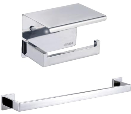 Eovem Toilet Paper Roll Holder with Shelf and Towel Rail Set Chrome, Wall Mount Bathroom Accessory Set, Rustproof Stainless Steel Bathroom Hardware Set, Modern, Square
