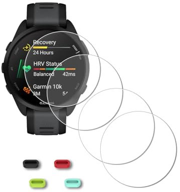 iDaPro [4Pcs Vetro Temperato per Garmin Forerunner 165 / Forerunner165 Music Pellicola Protettiva+[4Pcs] tappi antipolvere in silicone,Vetro temperato,Durezza 9H,Antigraffio,Antibolla