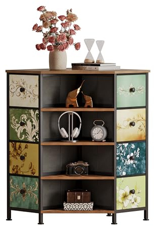 LUMTOK 8 Drawers Corner Dresser with Storage Fabric Drawers and Open Shelves for Small Space,Bedroom,Entryway,Living Room (Retro Pattern)