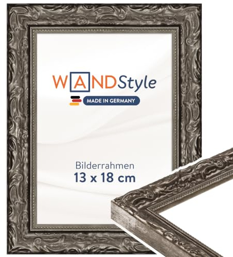 WANDStyle silberner Bilderrahmen 13x18 Holz, Bilderrahmen Silber Vintage | Hochwertiger Holzbilderrahmen Antik, Posterrahmen aufstellbar, Rahmen 18x13 cm, Fotorahmen H530 Made in Germany