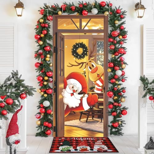 Cubierta Puerta Navidad, Funda para Puertas De Navidad 200x90cm, Decoración de Puerta por Navidads Fondo de Pancarta Colgante de Papá Noel, Tela Cortina Decorativa Pancarta Cartel Telón Fondo Fotos