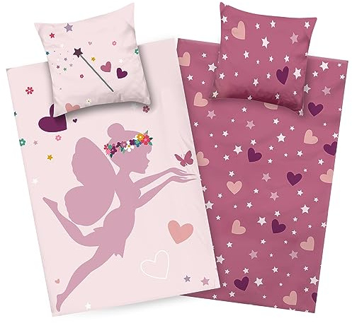 Aminata kids Biber Bettwäsche 135x200 Mädchen Fee 100% Baumwolle Feen-Motiv, Reißverschluss warm & kuschelig, Winter Wende-Bettwäsche-Set