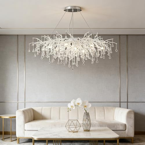 Leomix Moderner Kristall-Baumast-Chandelier, Große Rechteckige Kristall-Tropfen-Deckenleuchte – Innenschalungslampe für Wohnzimmer, Kücheninsel, Esszimmer, Flur oder Schlafzimmer,Silver l100cm