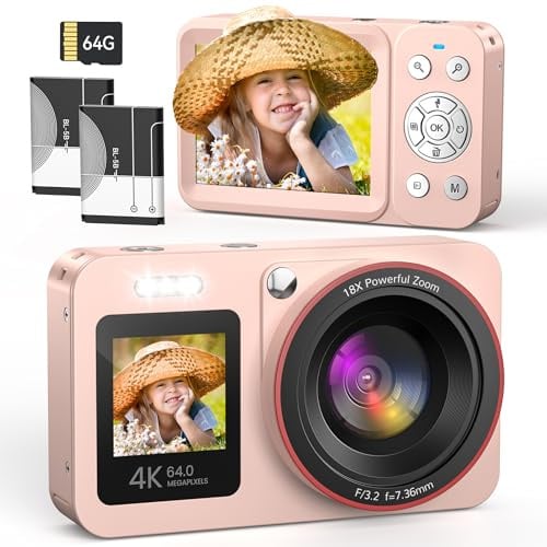 Macchina Fotografica Digitale 4K 64MP Fotocamere Digitali Compatte 18X Zoom Fotocamera Digitale con Scheda 64GB con 2 Batteries,2 Schermi Per Bambini Studenti Principianti, Rosa